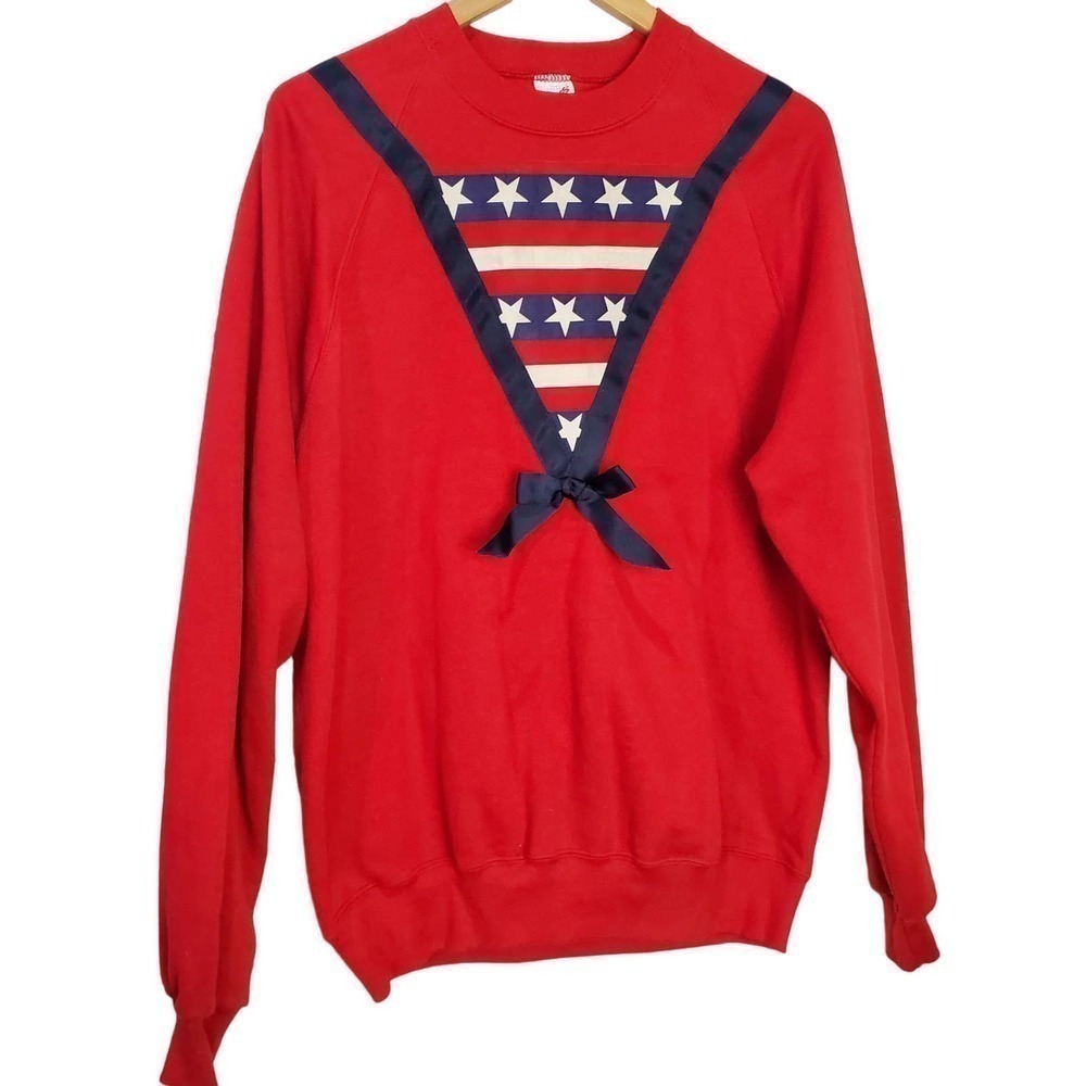 Vintage 80s Sweatshirt Womens XL Red Stars and Stripes Crewneck Long Sleeve